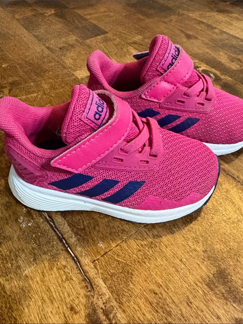 Worn twice adidas Kids Hot Pink Mesh Sneakers with Navy Stripes